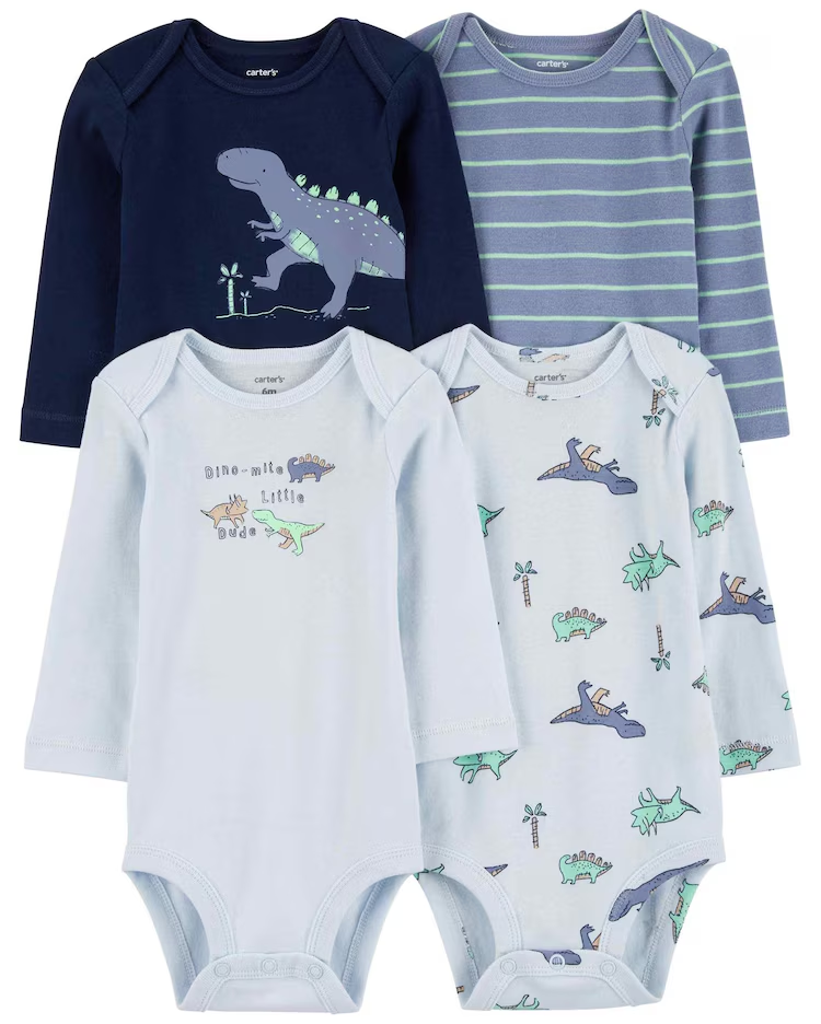 Kit body bebê 4 peças dinossauros listras azul |