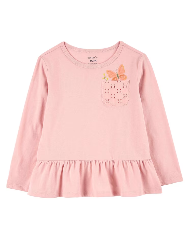 Camiseta infantil manga longa com babado e bolso rosa |
