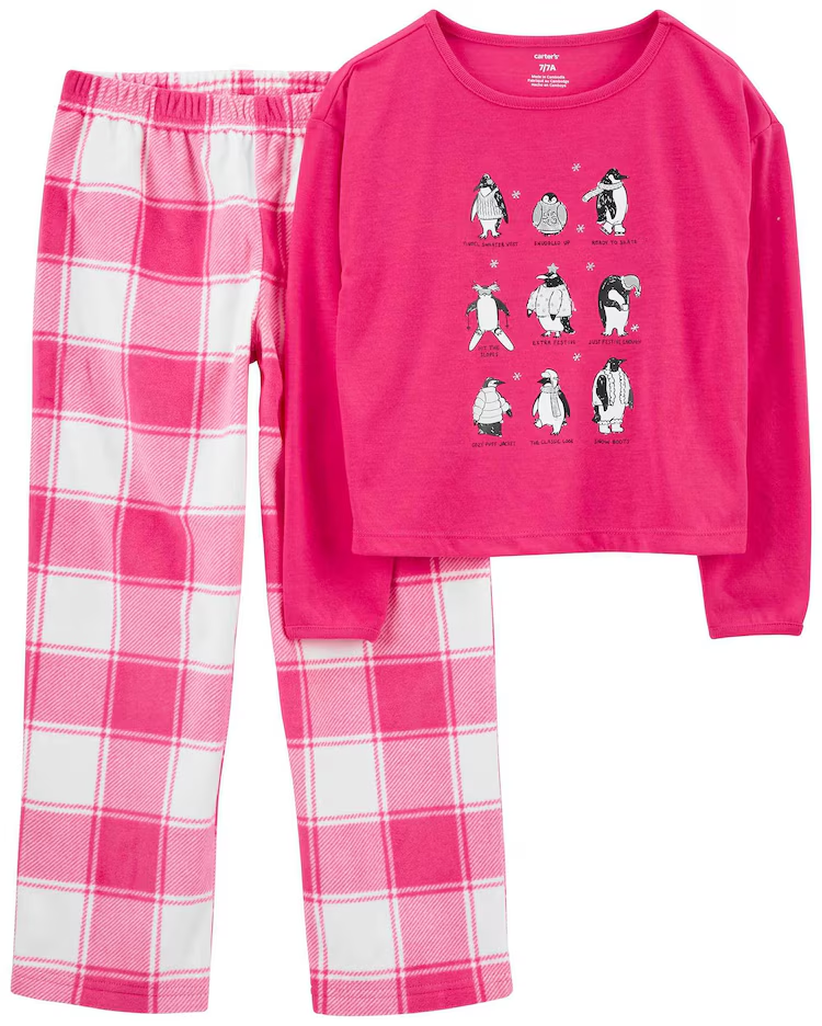 Pijama longo infantil 2 peças fleece xadrez pinguim rosa |